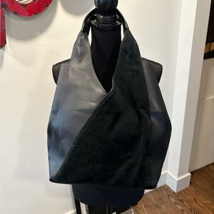French Connection faux Black Leather and suede Kiera tote bag.